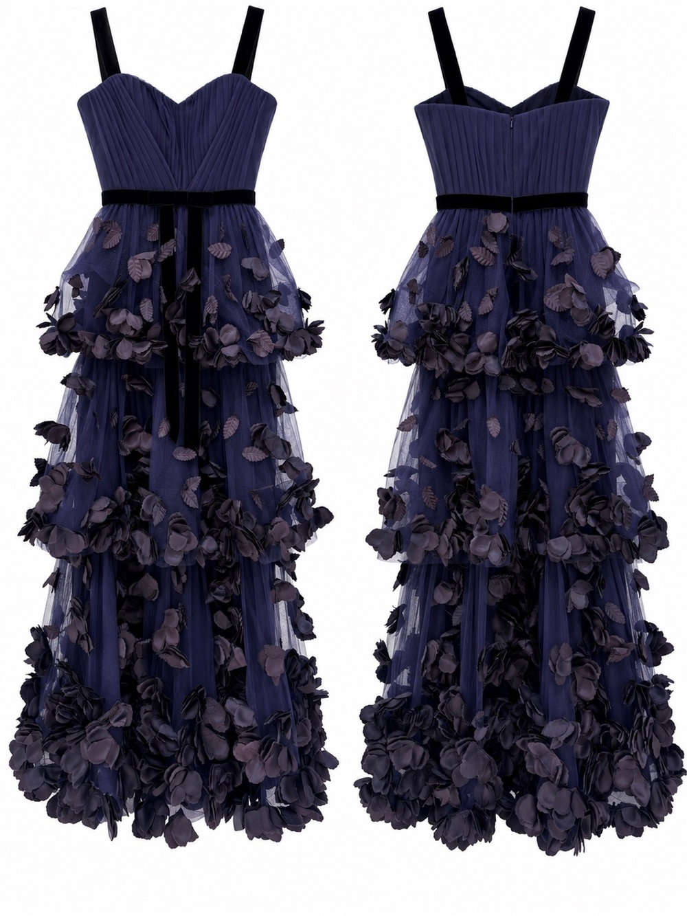 Marchesa Midnight Blue Floral Appliqué Tiered Tulle Gown